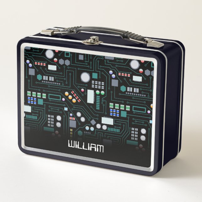 Computer Circuit Board Kids Custom Name School Metal Lunch Box (Front)