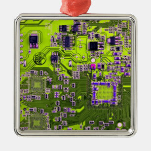 Computer Geek Circuit Board - Neon Yellow Metal Ornament