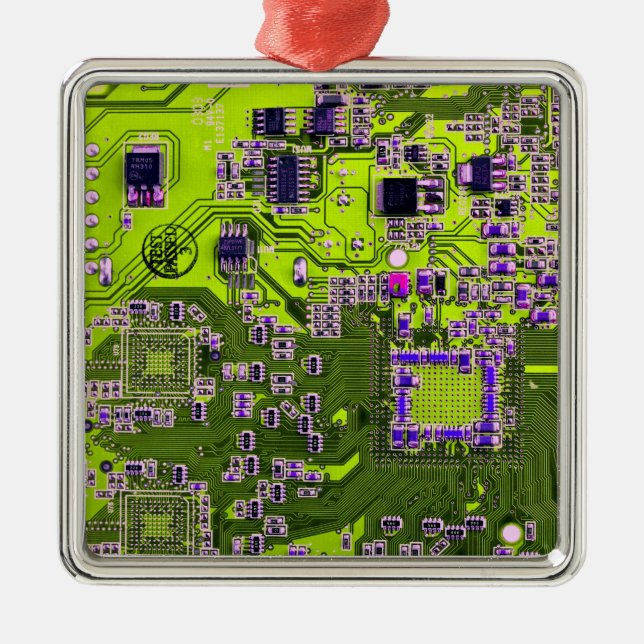 Computer Geek Circuit Board - Neon Yellow Metal Ornament (Front)