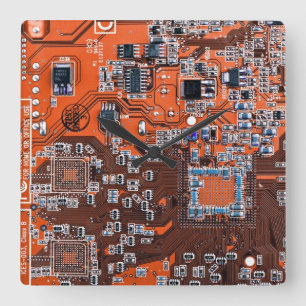 Computer Geek Circuit Board Orange Square Wall Clock
