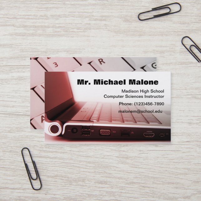 Computer Laptop Keyboard Technician Teacher Info Business Card (Front/Back In Situ)