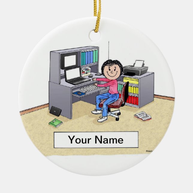 Computer Lover -Female Ceramic Tree Decoration (Front)