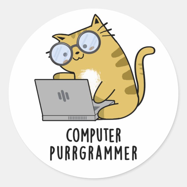 Computer Purr-grammer Funny Cat Pun  Classic Round Sticker (Front)