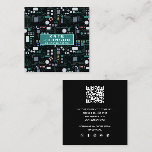 Computer Repair Circuit Board QR Code Square Business Card (Front/Back)
