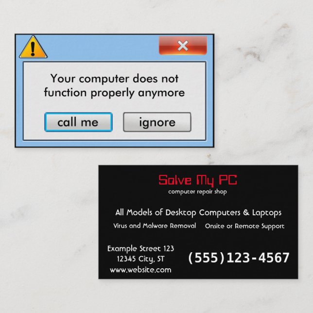Computer Repair Company pop up message Business Card (Front/Back)