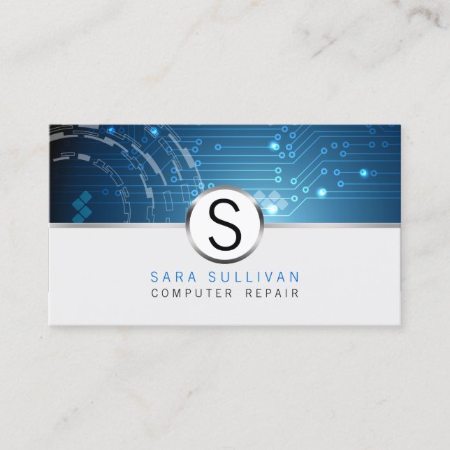 Computer Repair Technical Skills Circuits Monogram Business Card (Front)