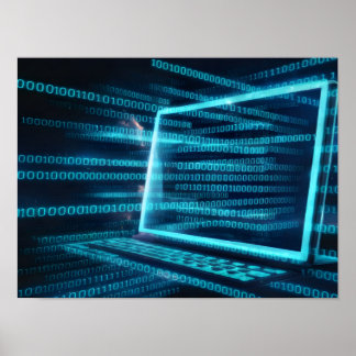 Computer Screen with Blue Digital Binary Data Poster