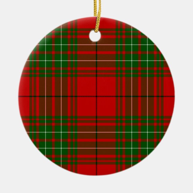 Comyn tartan red green plaid ceramic tree decoration (Front)