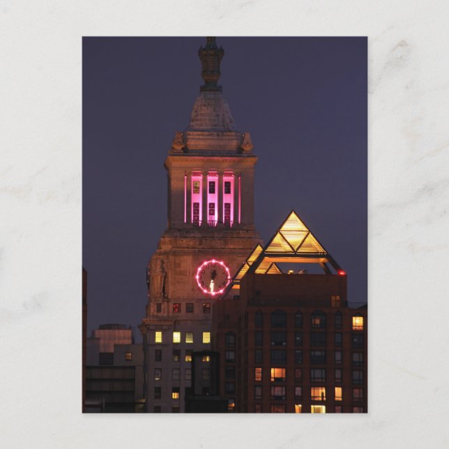 Con Edison Clock Tower lit up in Pink at Twilight Postcard (Front)