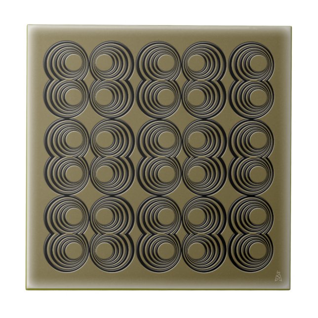 Concentric Black Circles on Olive Green Ceramic Tile (Front)