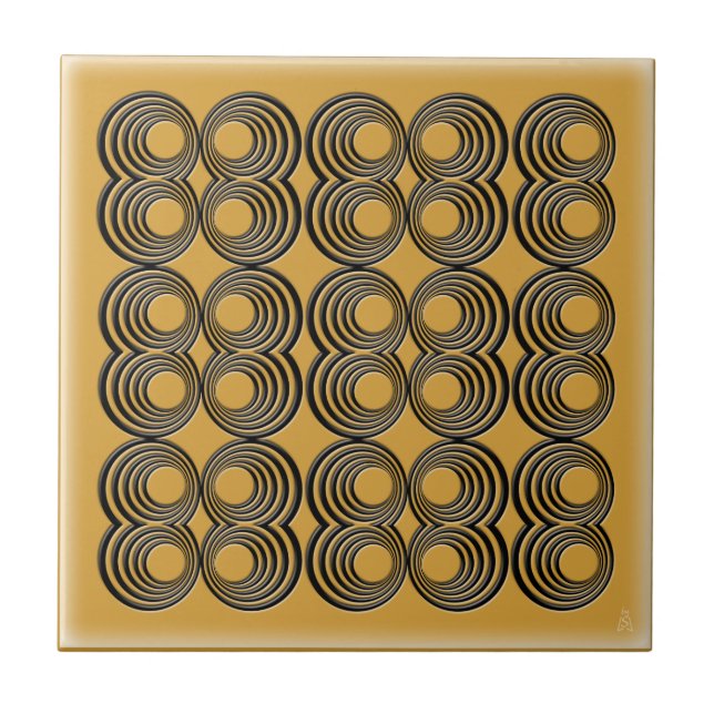 Concentric Black Circles over Harvest Gold Ceramic Tile (Front)