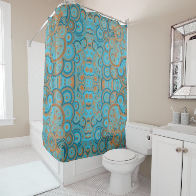 Concentric Circle Gradient Orange Rust Turquoise Shower Curtain (In Situ)