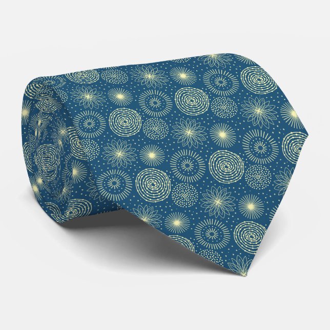 Concentric Geometric Circles Pattern Yellow & Blue Tie (Rolled)