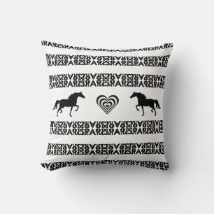 Concentric heart & horses on black & white pattern cushion