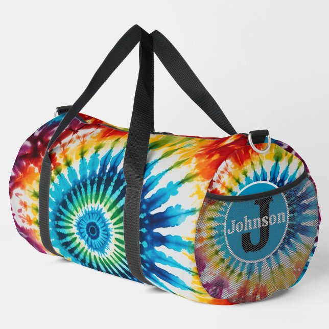 Concentric Rainbow Tie Dye monogram personalised Duffle Bag (Right Corner)