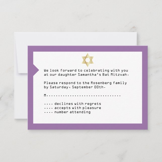 Concert Ticket Bat Mitzvah RSVP Reply Card Purple (Front)