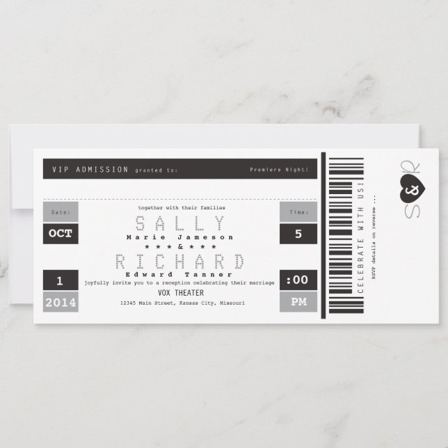 Concert Ticket Reception Invitation in Black White (Front)