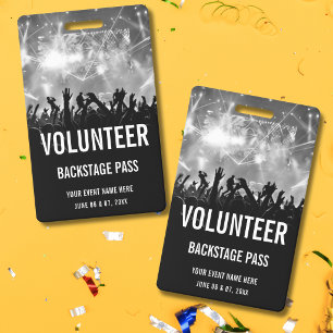 Concert Volunteer All Access Pass Black White  ID Badge