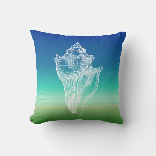Conch Shell Blue Green Seascape Pillow (Front)