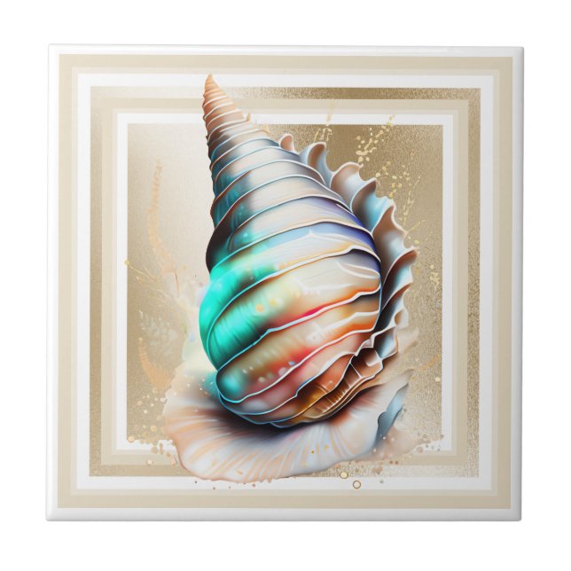 Conch shell iridescent mother pearl gold shimmer ceramic tile (Front)