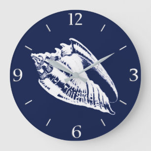 Conch Shell - navy blue and white Large Clock