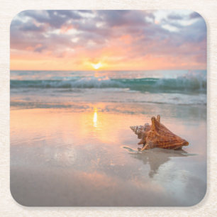 Conch Shell on the Beach Jamaica Square Paper Coaster