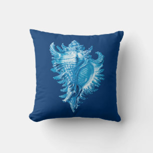 Conch Shell Sea Life Print, Indigo Blue and White Cushion