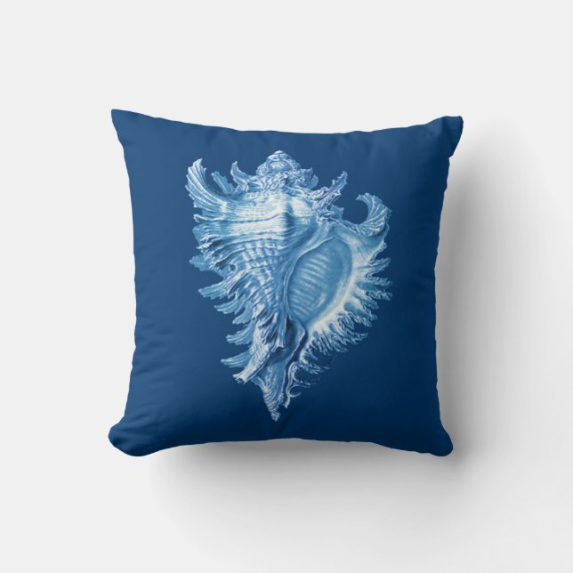 Conch Shell Sea Life Print, Indigo Blue and White Cushion (Front)