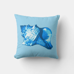 Conch shell sketch - cobalt and sky blue cushion