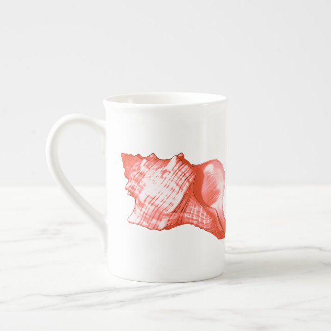 Conch shell sketch - coral, shell pink and white bone china mug (Left)