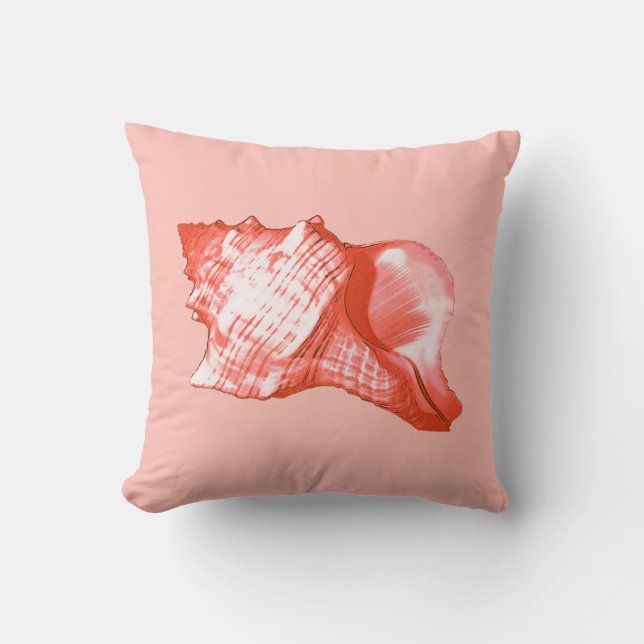 Conch shell sketch - coral, shell pink and white cushion (Front)