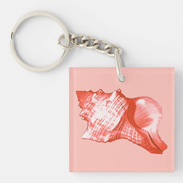 Conch shell sketch - coral, shell pink and white key ring (Front)