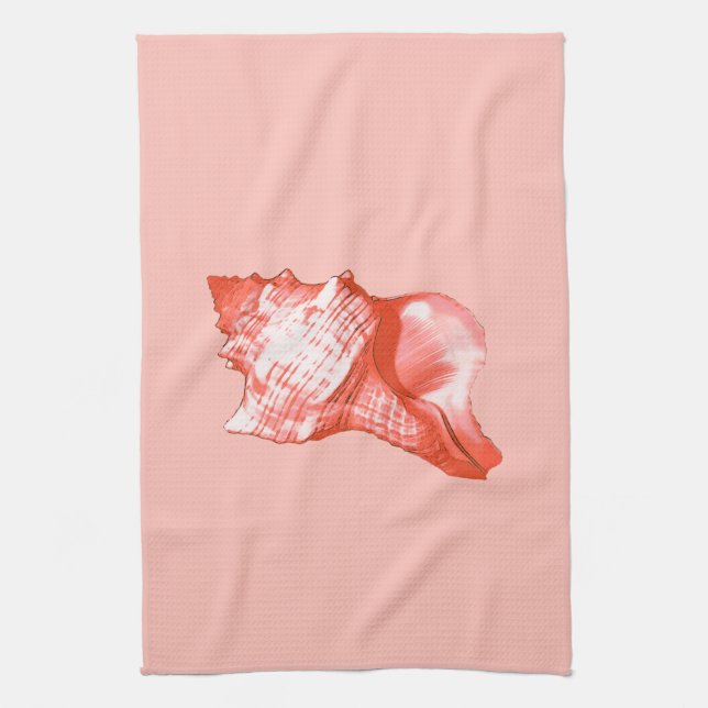 Conch shell sketch - coral, shell pink and white tea towel (Vertical)