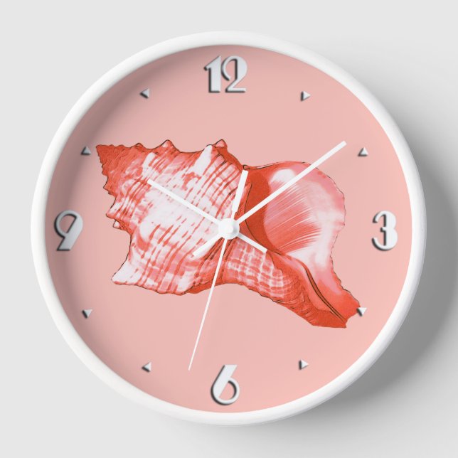 Conch shell sketch - coral, shell pink and white wall clock (Front)