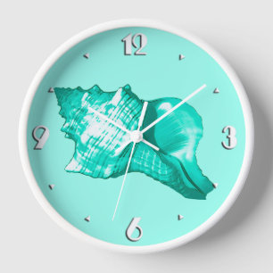Conch shell sketch - turquoise, white and aqua clock