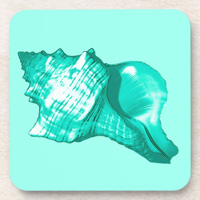 Conch shell sketch - turquoise, white and aqua coaster (Front)