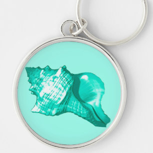 Conch shell sketch - turquoise, white and aqua key ring