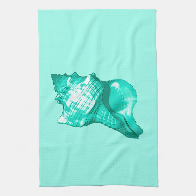 Conch shell sketch - turquoise, white and aqua tea towel (Vertical)