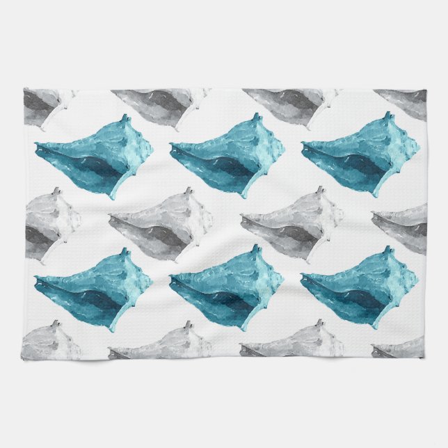 Conch Shells in Aqua & Grey Tea Towel (Horizontal)