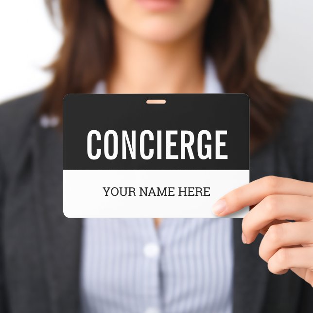 Concierge name badge with lanyard or clip ID badge (Presented)