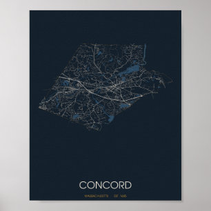Concord Massachusetts Street Map Poster (Night)
