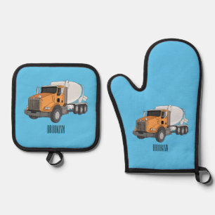Concrete cement mixing truck cartoon illustration oven mitt & pot holder set