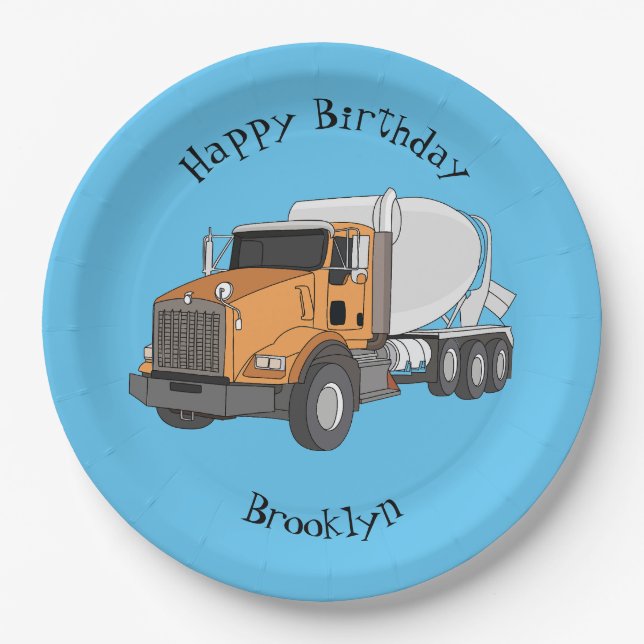 Concrete cement mixing truck cartoon illustration paper plate (Front)
