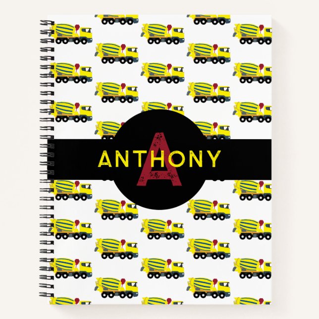 Concrete Cement Truck Construction Kids Monogram Notebook (Front)