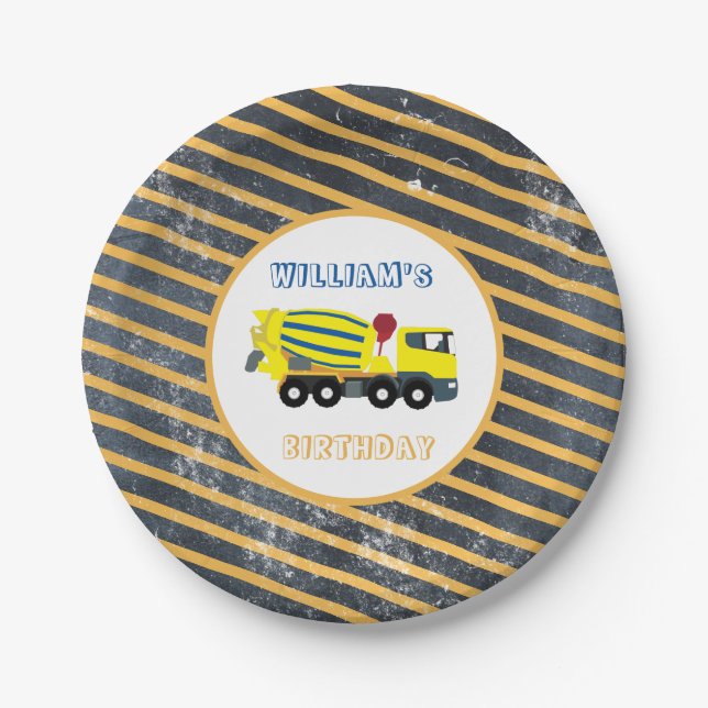 Concrete Cement Truck Construction Trucks Birthday Paper Plate (Front)
