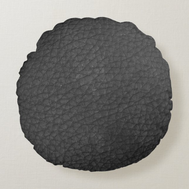 Concrete Gray Black Leather Print Round Cushion (Front)