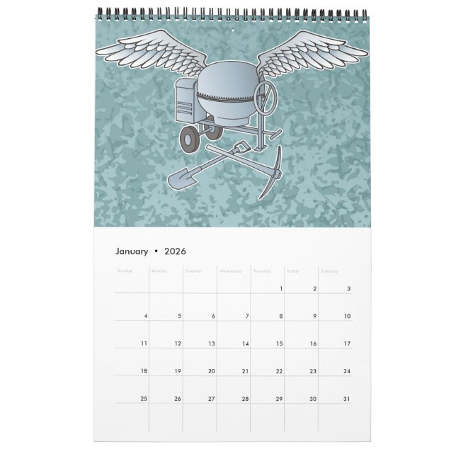 Concrete mixer blue-grey calendar (Jan 2026)