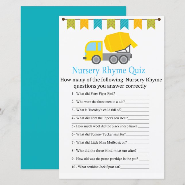 Concrete mixer Nursery Rhyme Quiz baby shower game (Front/Back)
