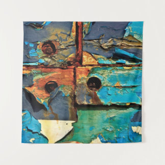 Concrete wall with abstract painting tapestry