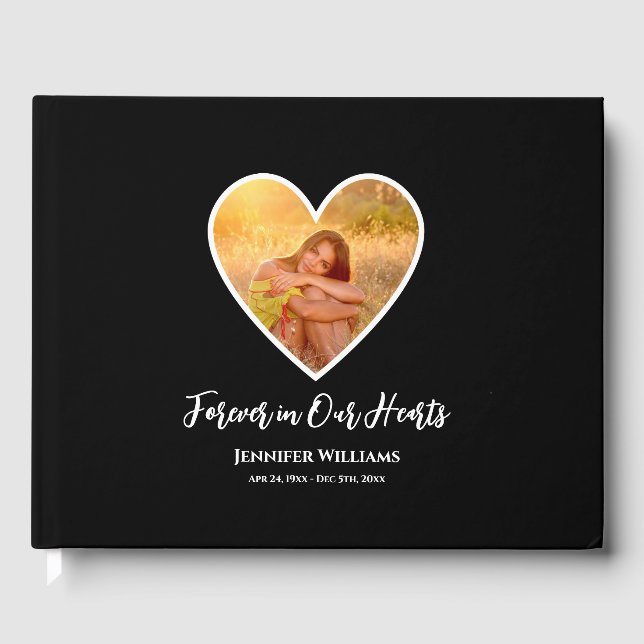 Condolence Photo Black Heart Modern Calligraphy Guest Book (Front)